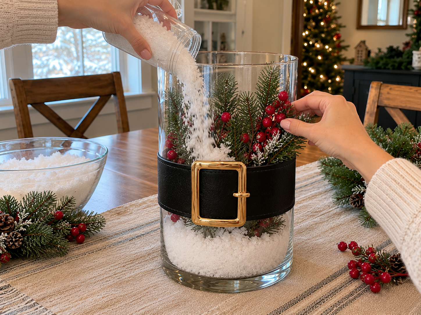 DIY Santa Belt Hurricane Lantern Centerpiece for Christmas Table Decor, step 4: Add Faux Snow and Decor