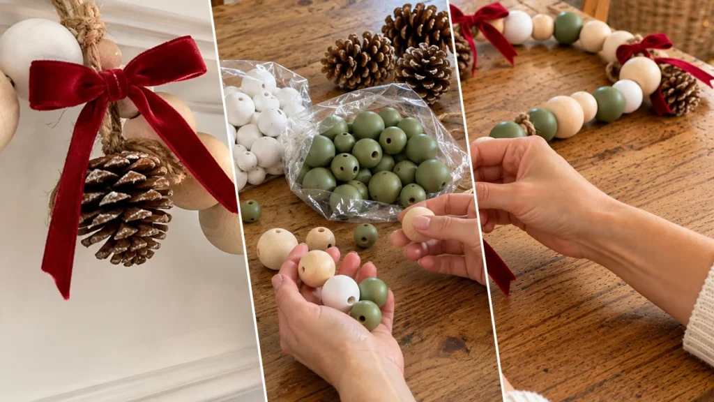 DIY Scandinavian Wooden Bead Christmas Garland for Mantel or Shelf Decor