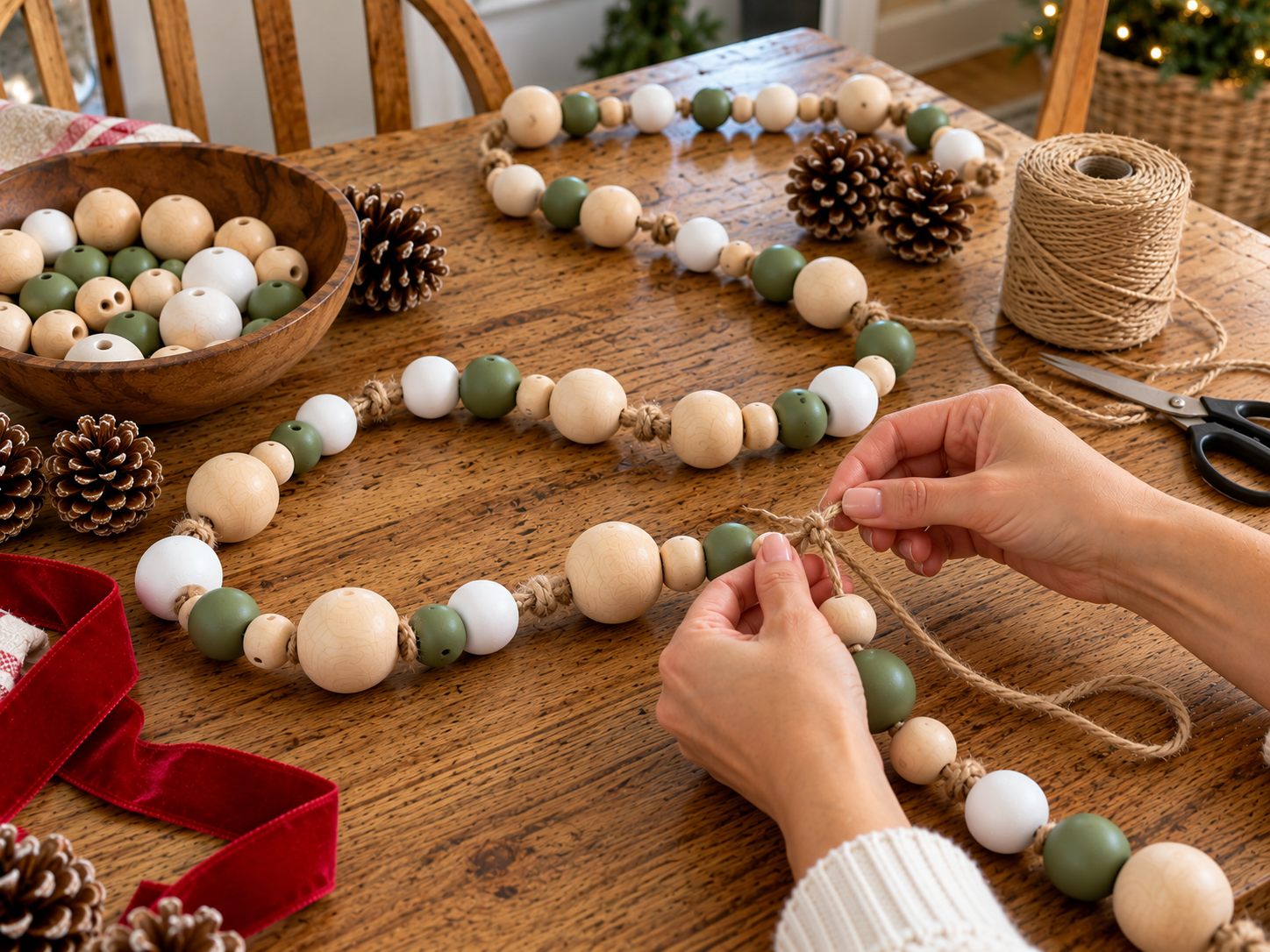 DIY Scandinavian Wooden Bead Christmas Garland for Mantel or Shelf Decor, step 4: Section Beads with Knots