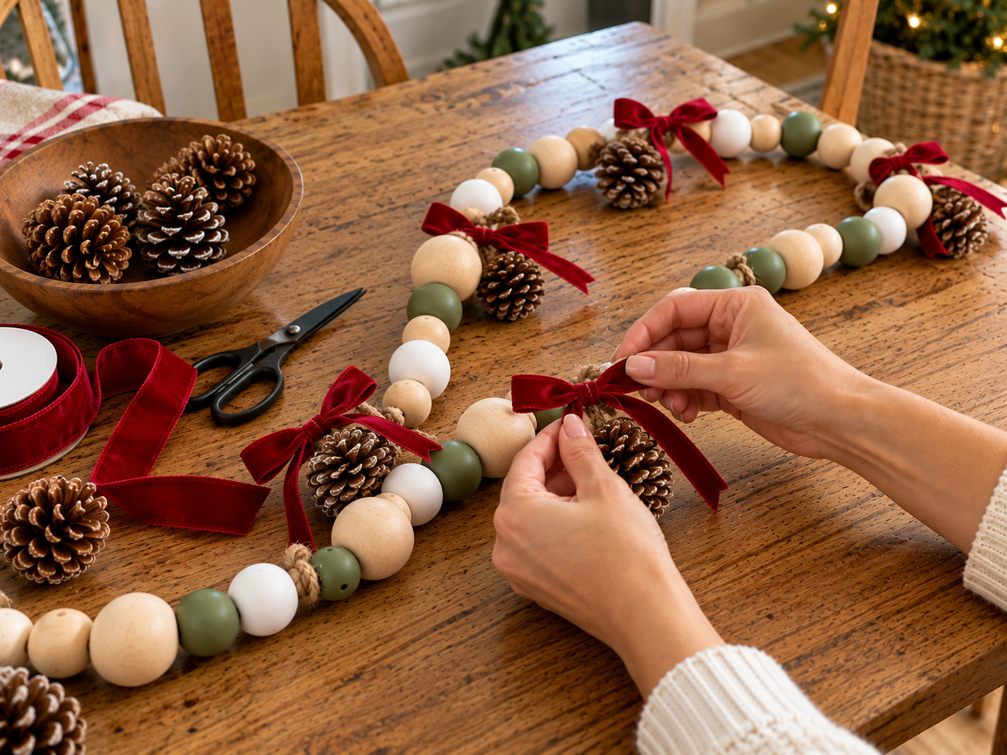 DIY Scandinavian Wooden Bead Christmas Garland for Mantel or Shelf Decor, step 5: Secure Pinecones to Garland