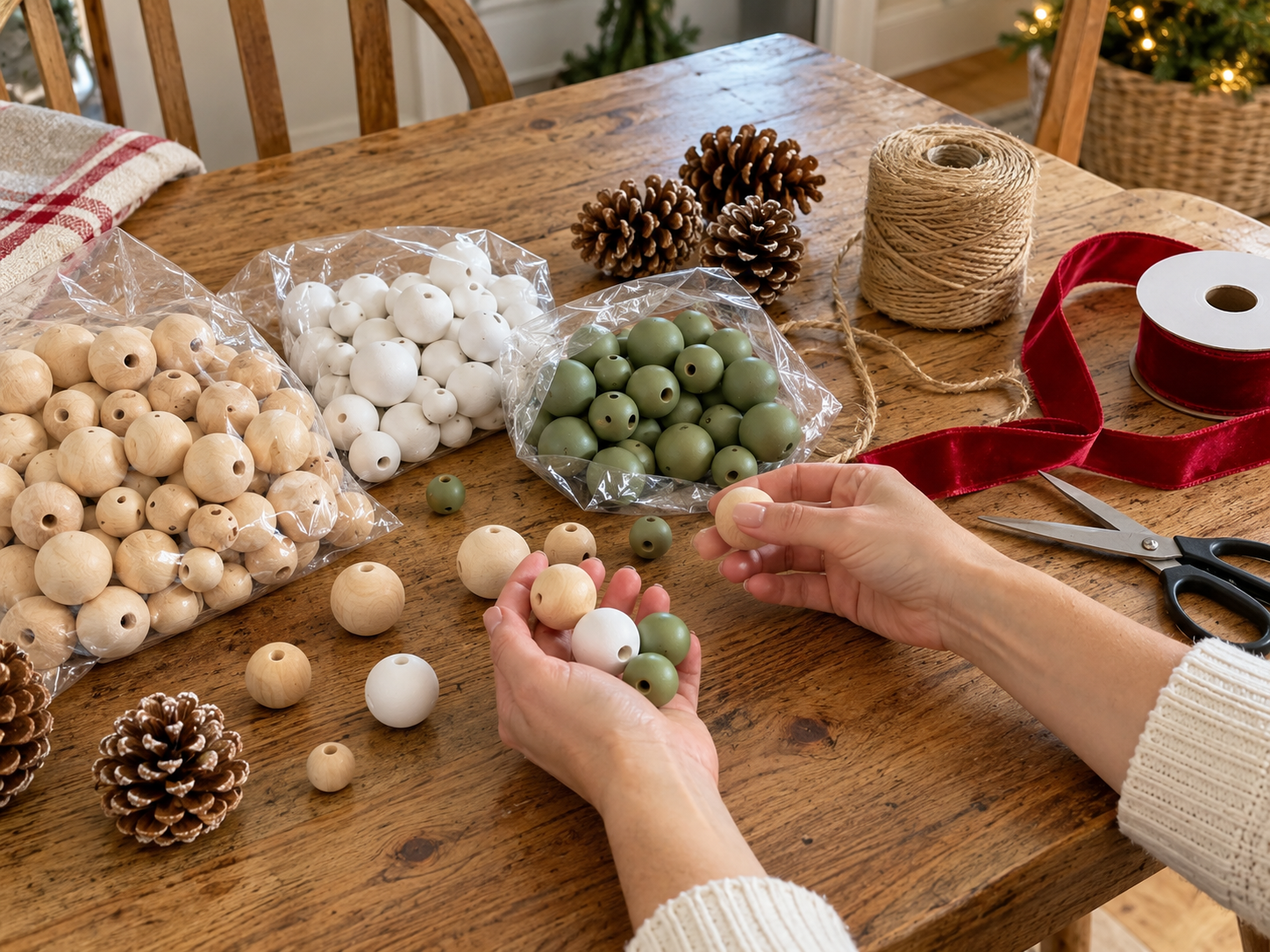 DIY Scandinavian Wooden Bead Christmas Garland for Mantel or Shelf Decor, step 6: Tie and Attach Velvet Bows