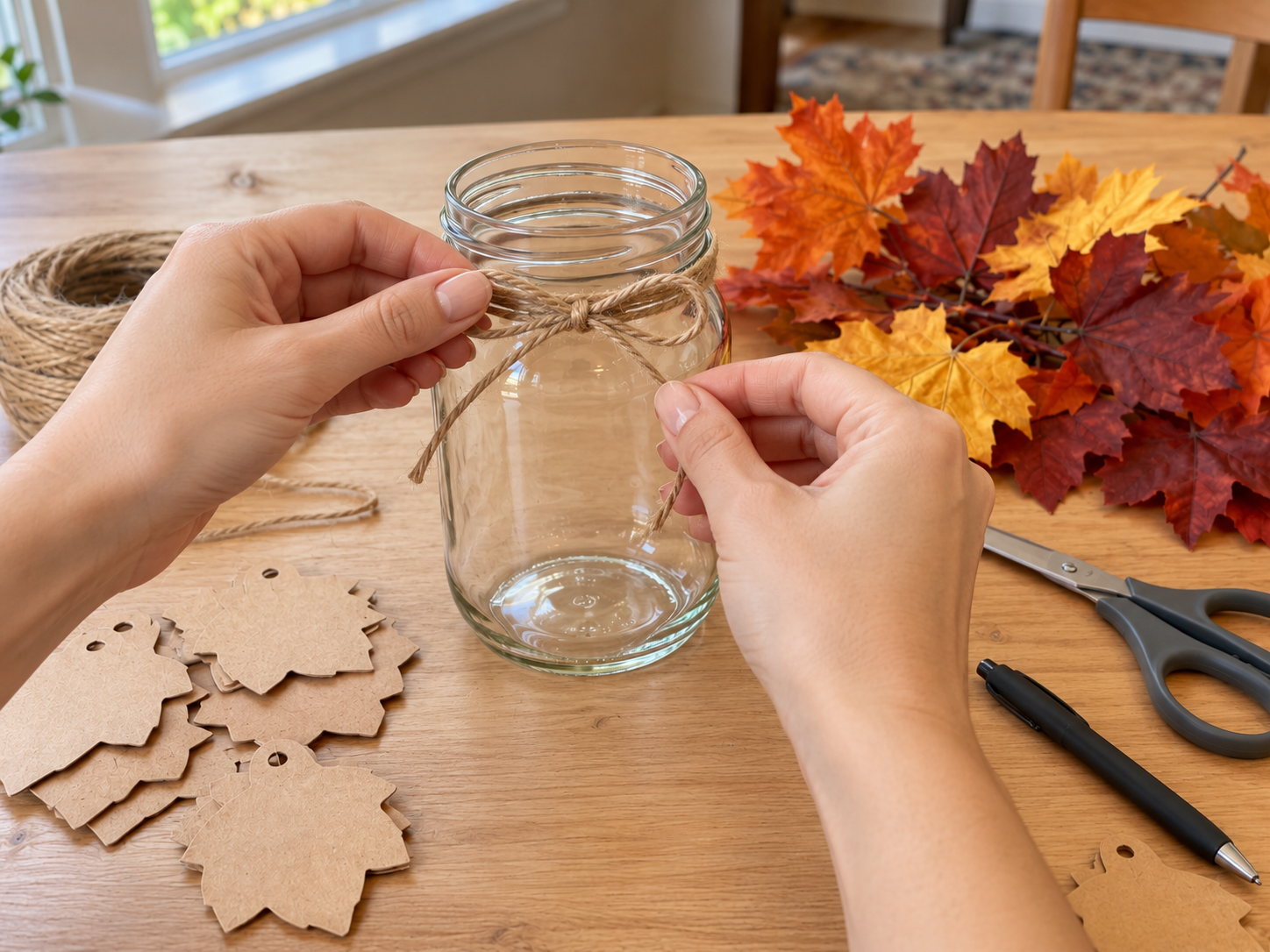 DIY Thanksgiving Gratitude Jar with Kraft Leaf Tags, step 2: Wrap and Secure Jar with Twine