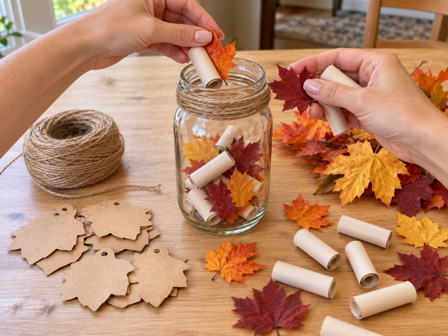 DIY Thanksgiving Gratitude Jar with Kraft Leaf Tags, step 4: Fill Jar with Leaves and Notes