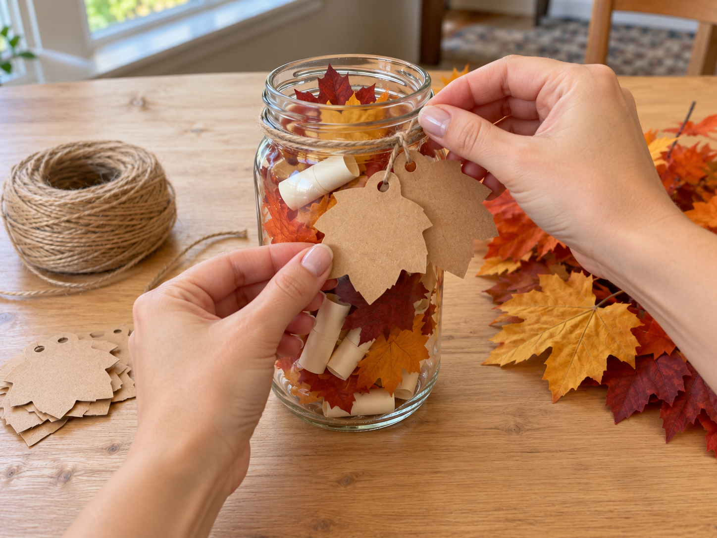 DIY Thanksgiving Gratitude Jar with Kraft Leaf Tags, step 5: Adorn Jar with Prepared Leaf Tags