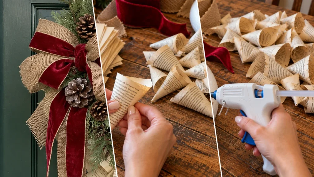 DIY Vintage Book Page Christmas Wreath with Burlap Bow and Pinecones