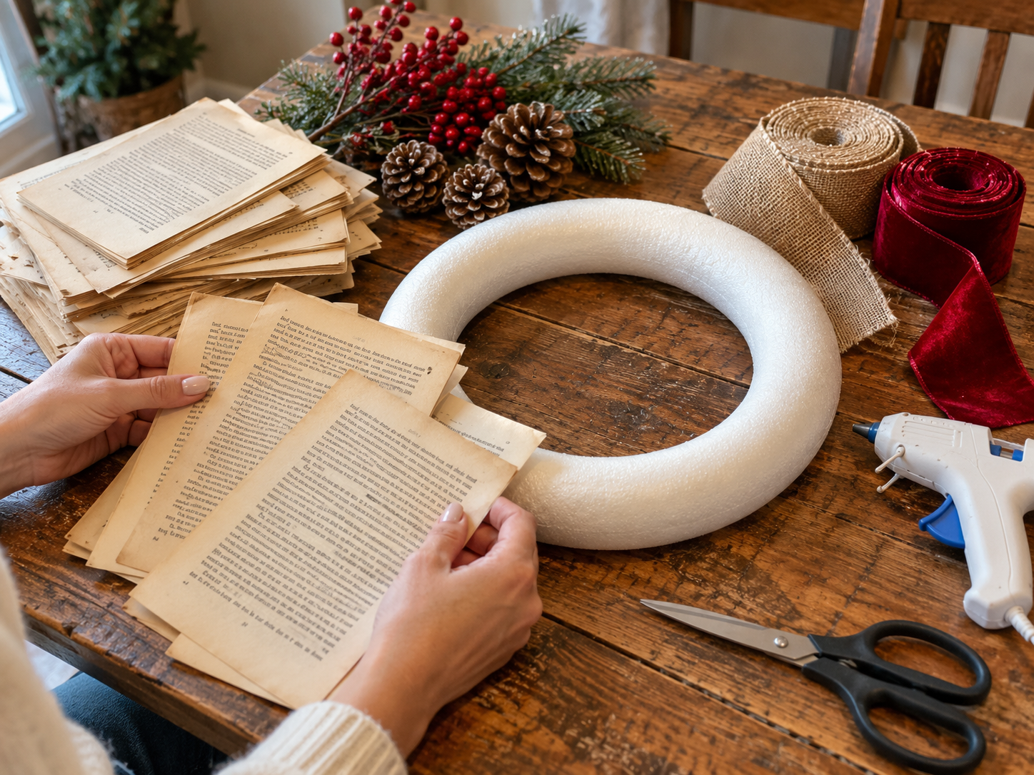 DIY Vintage Book Page Christmas Wreath with Burlap Bow and Pinecones, step 1: Prepare Book Pages for Cones