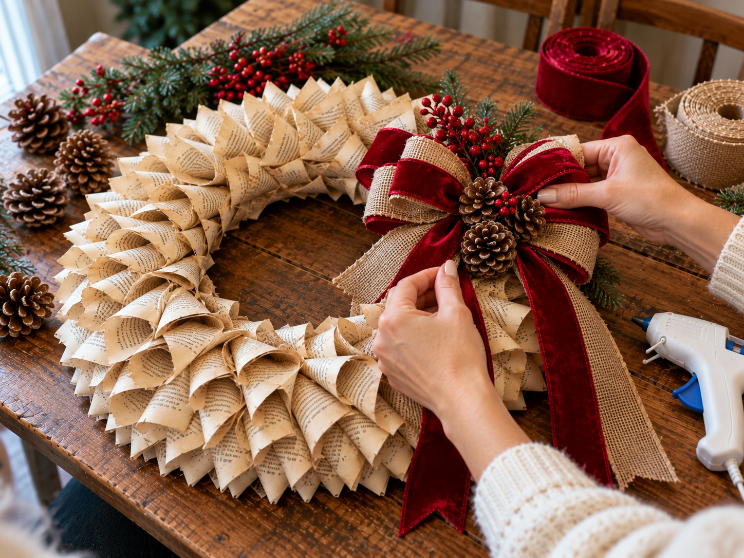 DIY Vintage Book Page Christmas Wreath with Burlap Bow and Pinecones, step 5: Assemble and Attach Decorative Bow