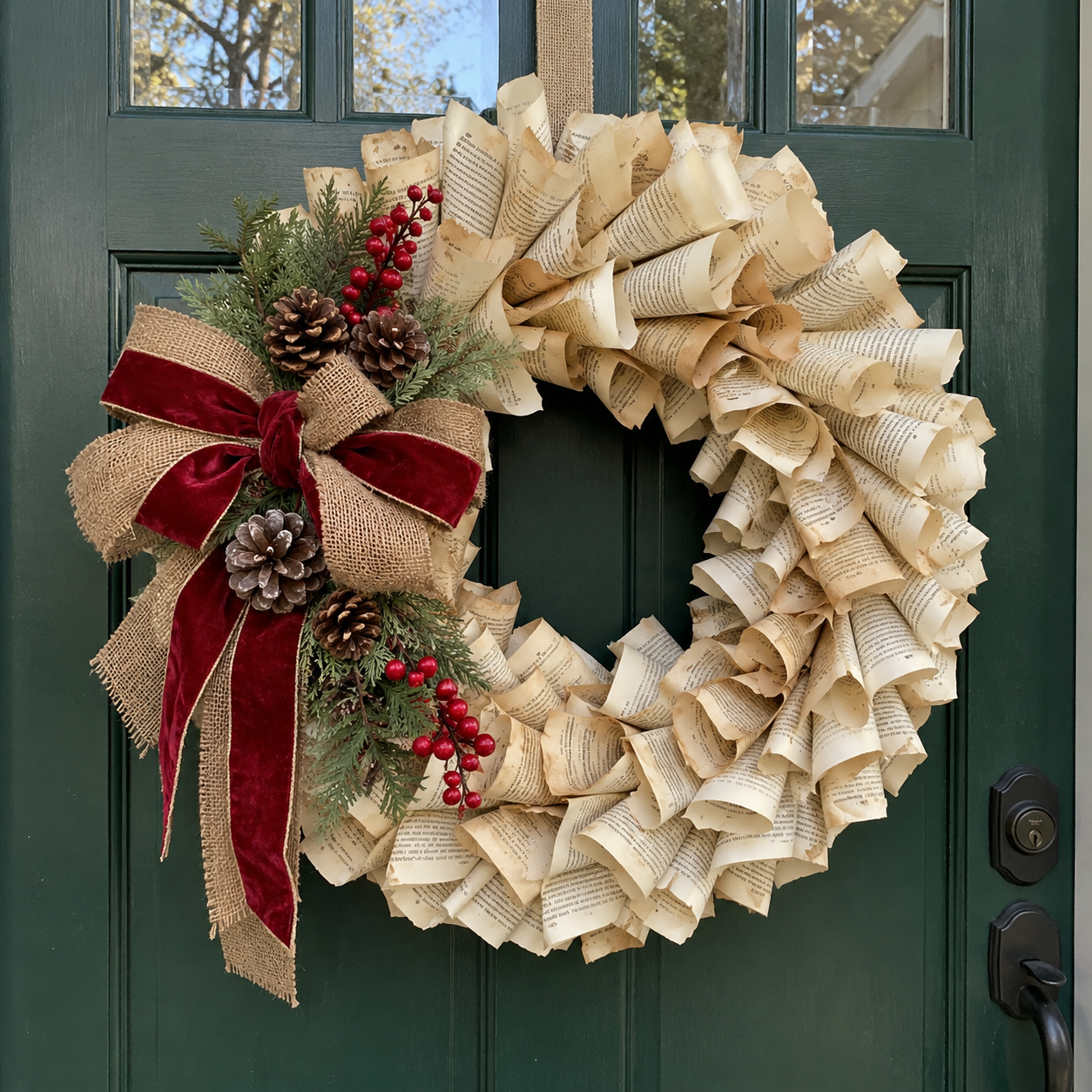 DIY Vintage Book Page Christmas Wreath with Burlap Bow and Pinecones, step 6: Embellish with Natural Elements