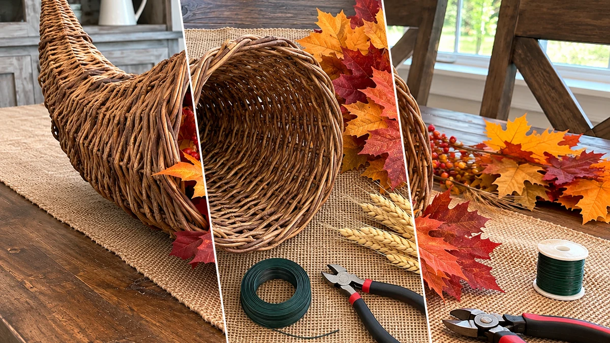 DIY Wicker Cornucopia Thanksgiving Centerpiece for a Table or Buffet, DIY Holiday & Seasonal craft tutorial for Thanksgiving
