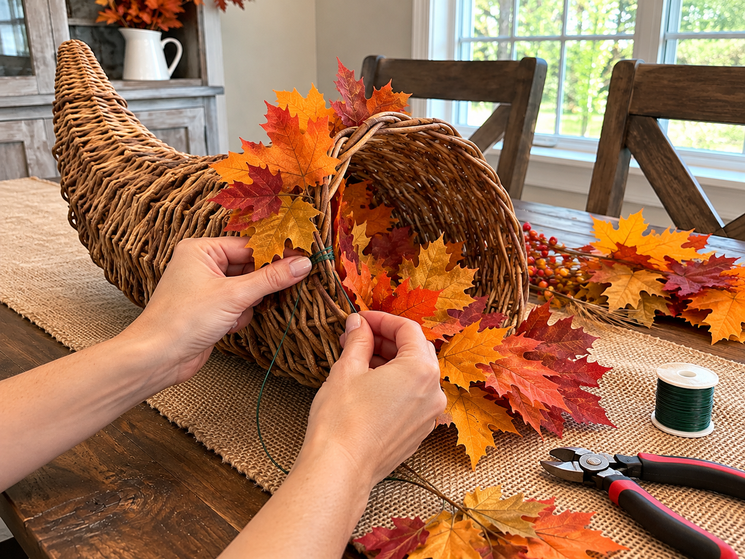 DIY Wicker Cornucopia Thanksgiving Centerpiece for a Table or Buffet, step 2: Create a Leafy Base