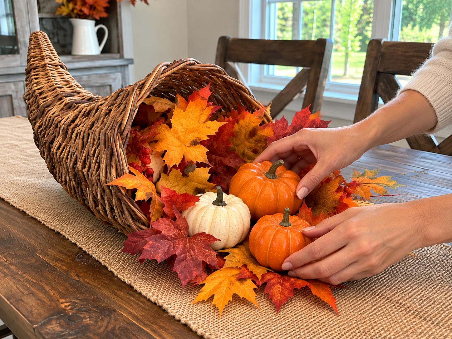 DIY Wicker Cornucopia Thanksgiving Centerpiece for a Table or Buffet, step 3: Position Main Pumpkins