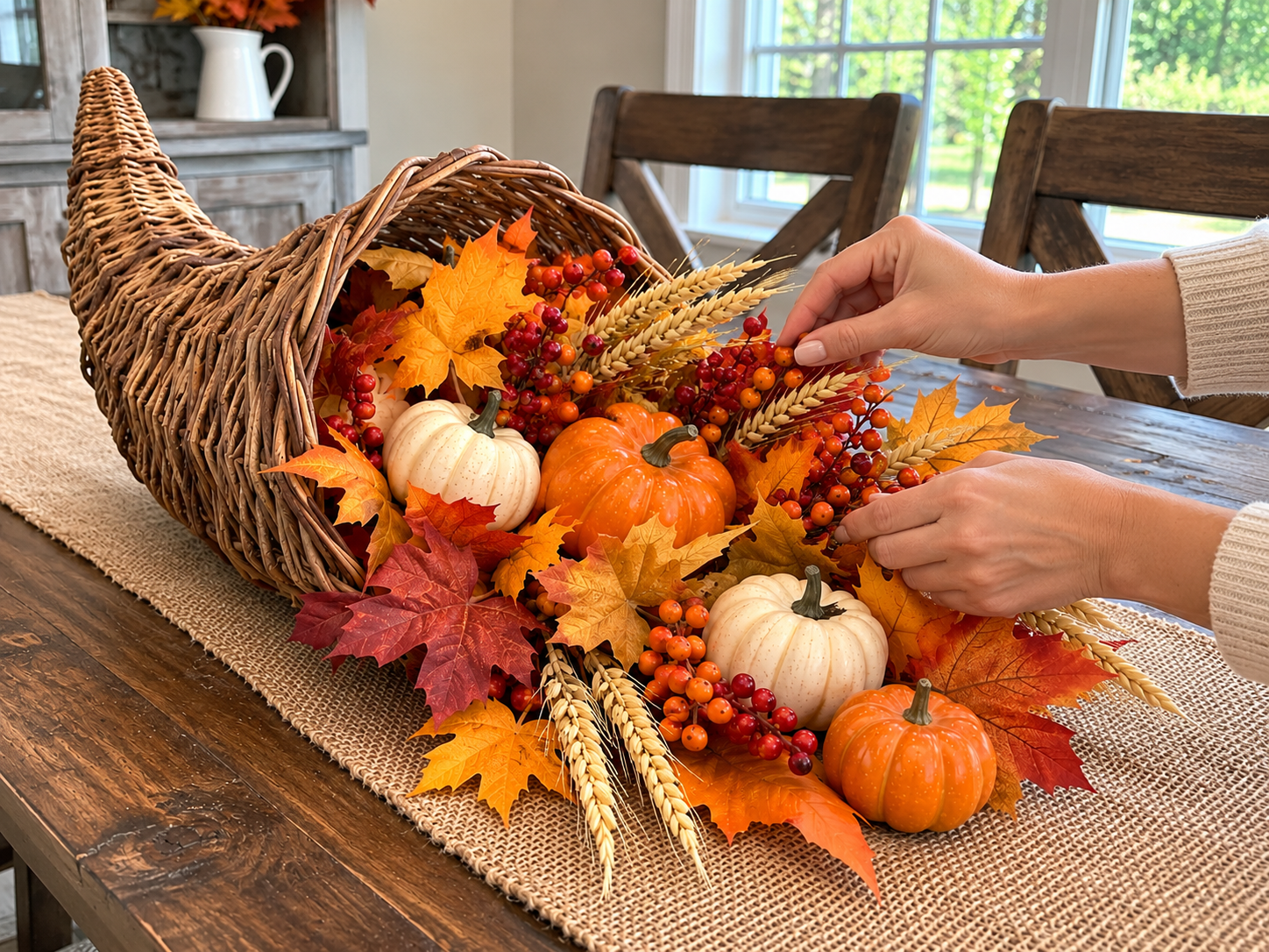 DIY Wicker Cornucopia Thanksgiving Centerpiece for a Table or Buffet, step 4: Add Berries and Wheat