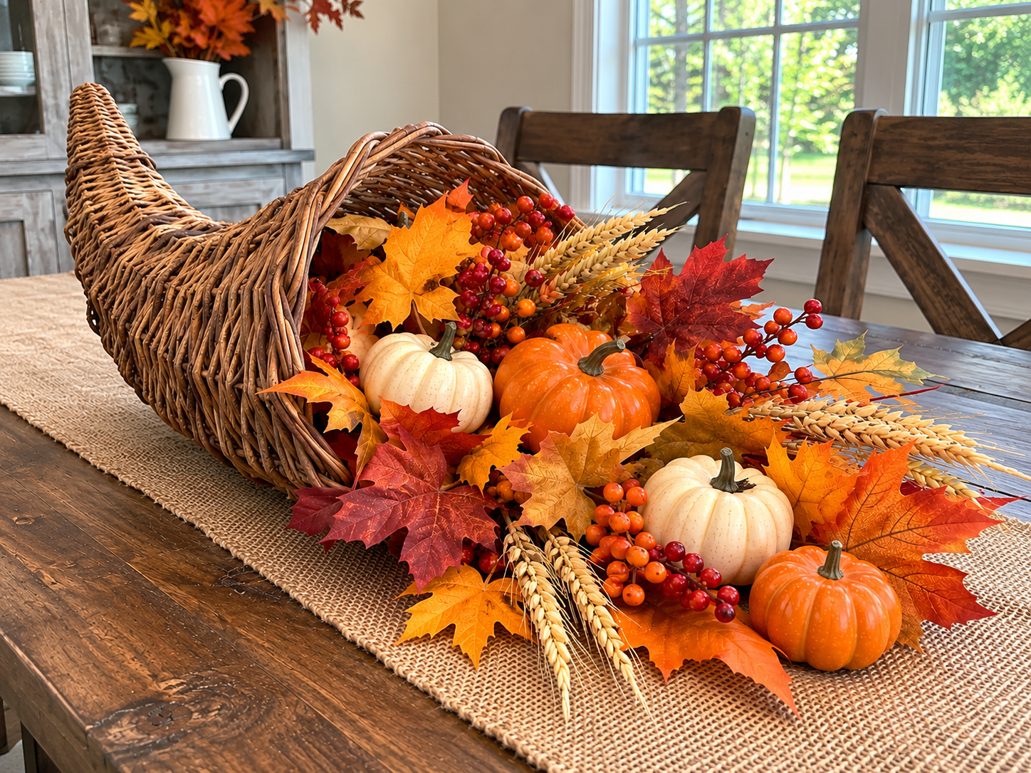 DIY Wicker Cornucopia Thanksgiving Centerpiece for a Table or Buffet, step 5: Final Placement and Styling