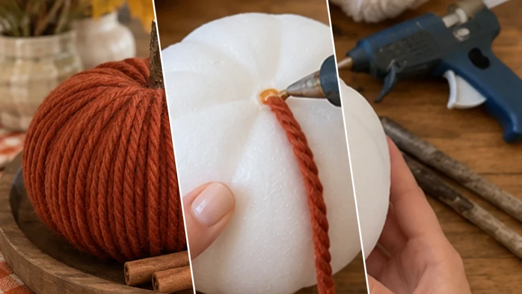 DIY Yarn-Wrapped Foam Pumpkins with Twig Stems for Fall Decor