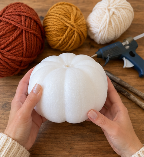 DIY Yarn-Wrapped Foam Pumpkins with Twig Stems for Fall Decor, step 1: Gather Materials and Prep Pumpkins