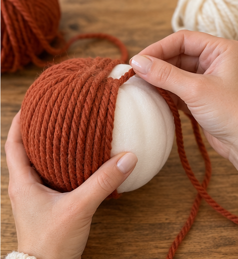 DIY Yarn-Wrapped Foam Pumpkins with Twig Stems for Fall Decor, step 3: Wrap the Pumpkin Body Tightly