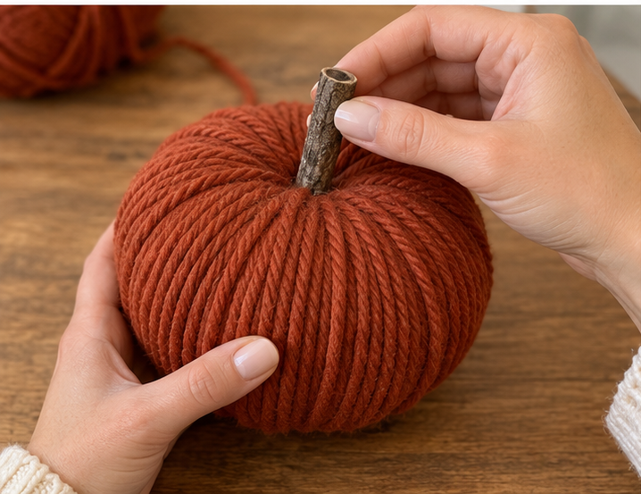 DIY Yarn-Wrapped Foam Pumpkins with Twig Stems for Fall Decor, step 4: Finish Wrapping and Add Twig Stem