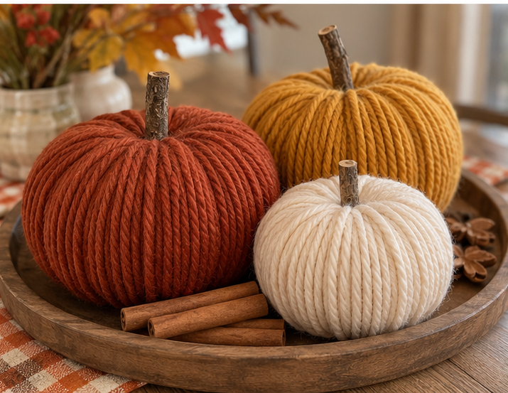 DIY Yarn-Wrapped Foam Pumpkins with Twig Stems for Fall Decor, step 5: Group for a Cozy Fall Display