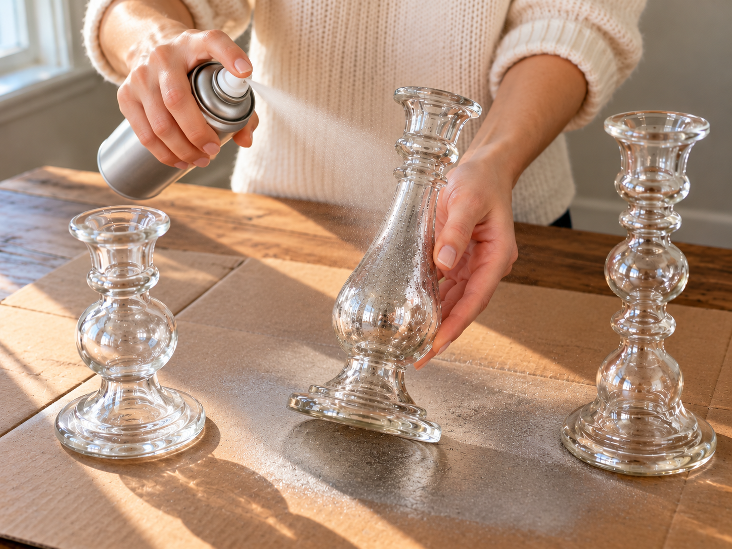 Dollar Tree DIY Mercury Glass Candlesticks for Christmas Decor, step 3: Spray Mirror-Effect Silver Paint
