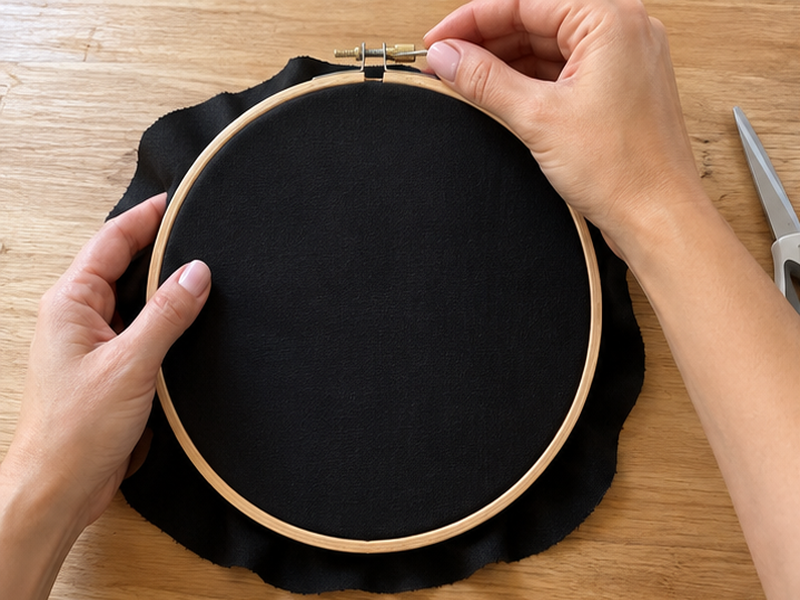 Easy DIY Spider Web Embroidery Hoop Wall Decor for Halloween, step 1: Frame Fabric in Hoop