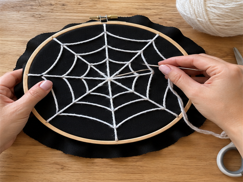 Easy DIY Spider Web Embroidery Hoop Wall Decor for Halloween, step 3: Weave Connecting Threads