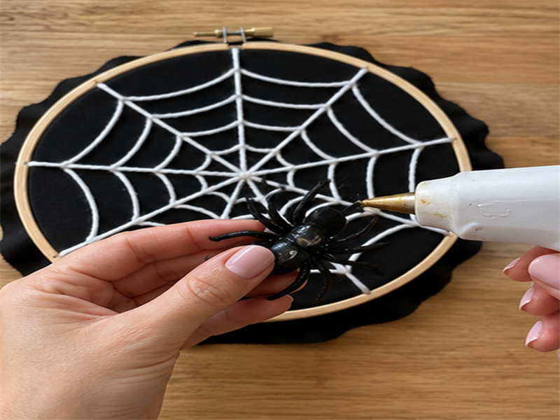 Easy DIY Spider Web Embroidery Hoop Wall Decor for Halloween, step 4: Adhere the Spider