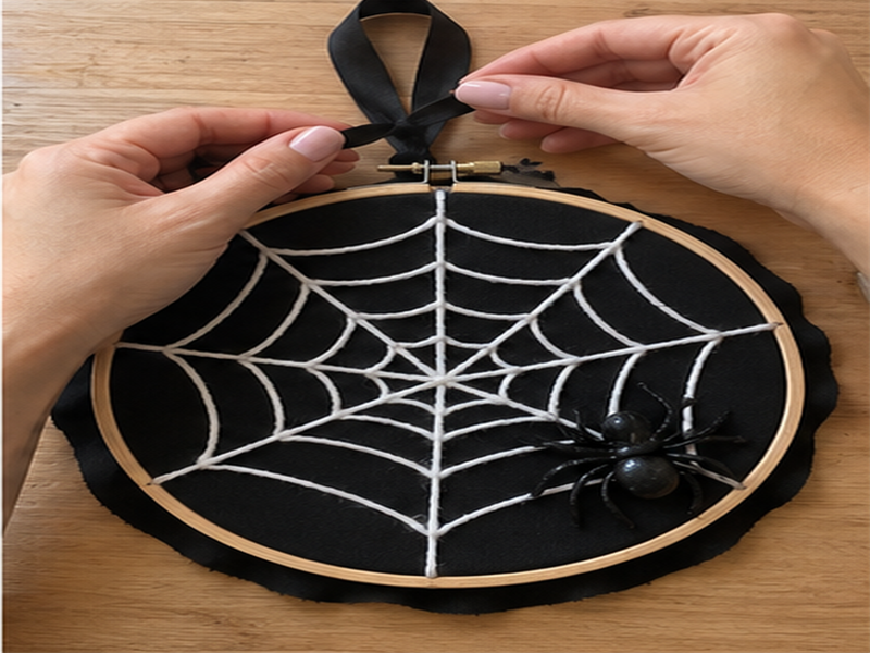 Easy DIY Spider Web Embroidery Hoop Wall Decor for Halloween, step 5: Add Hanging Ribbon