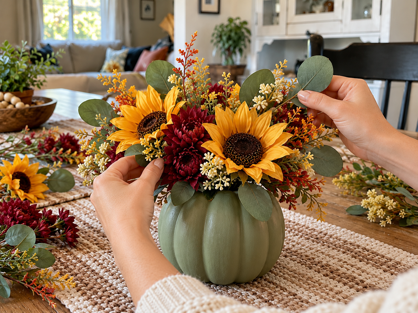 Easy Painted Plastic Pumpkin Vases for Fall Table Decor, step 5: Arrange Faux Autumn Flowers