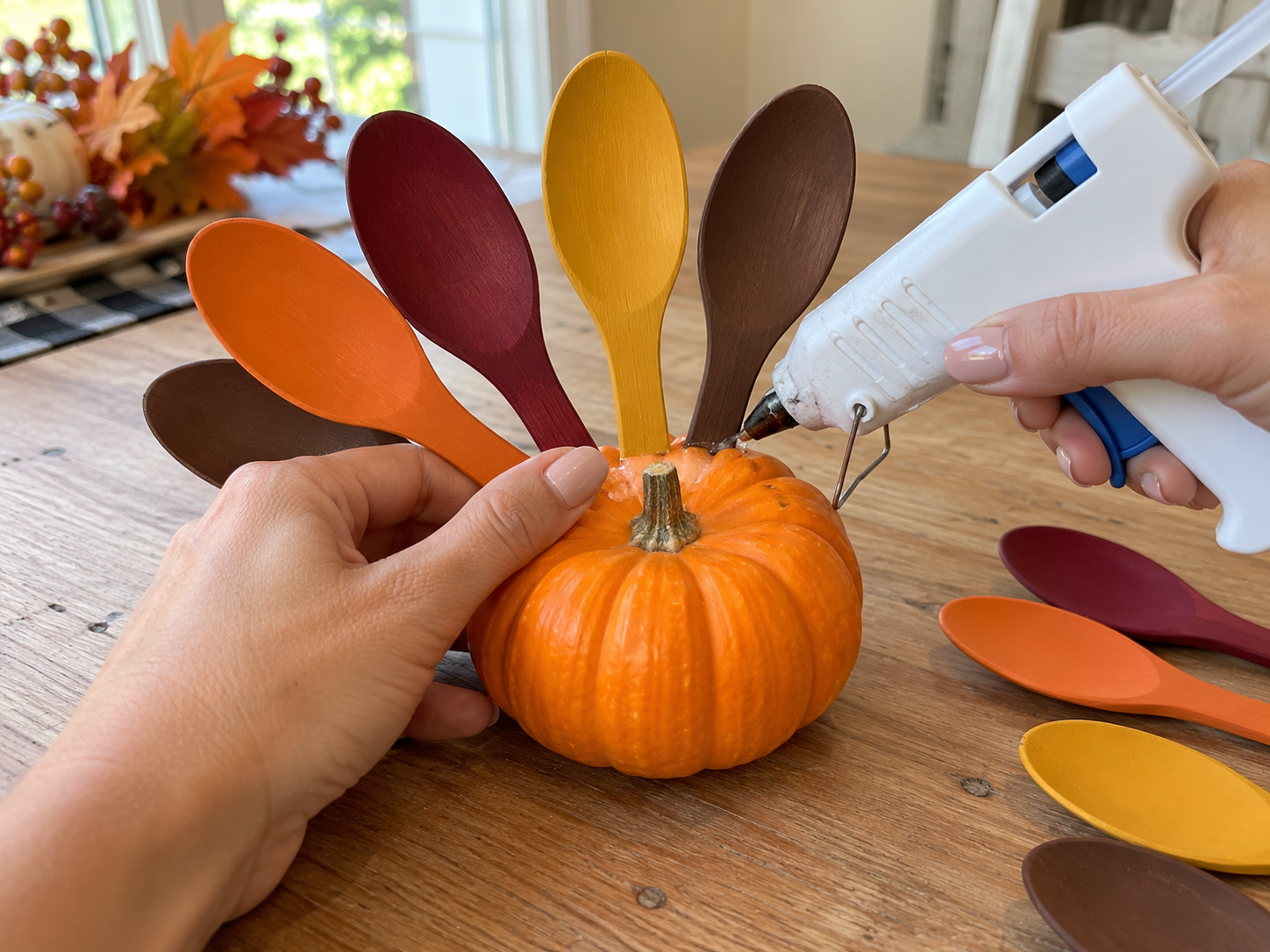Mini Pumpkin Wooden Spoon Turkey Centerpiece for Thanksgiving Decor, step 3: Attach Spoon Feathers