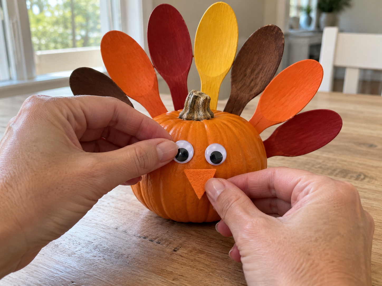 Mini Pumpkin Wooden Spoon Turkey Centerpiece for Thanksgiving Decor, step 4: Create the Turkey's Face