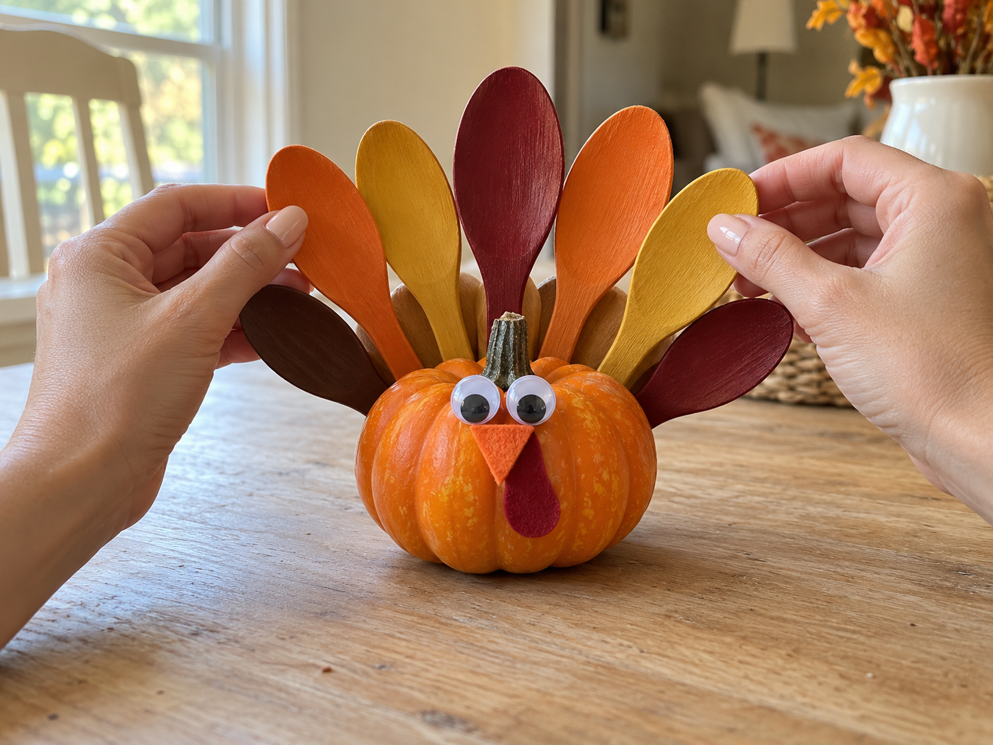 Mini Pumpkin Wooden Spoon Turkey Centerpiece for Thanksgiving Decor, step 5: Add Feet and Final Touches