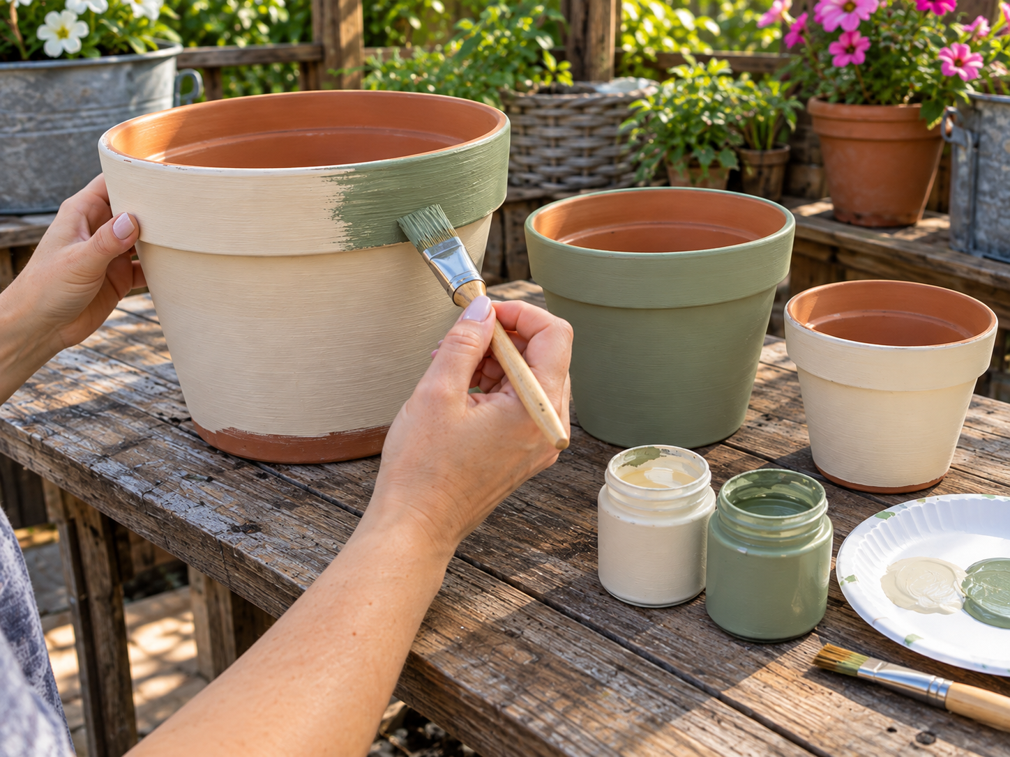 Painted Terracotta Pot Flower Tower for Garden & Patio Decor, step 1: Prepare and Base Coat Pots
