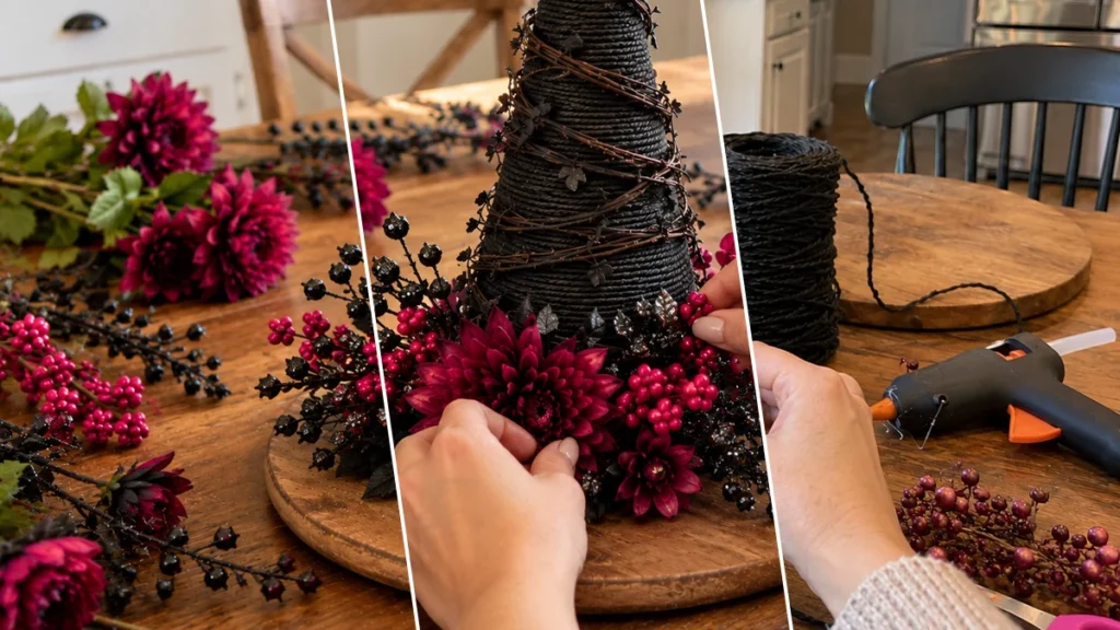 Rustic Halloween Witch Hat Centerpiece with Faux Florals for Festive Table Decor