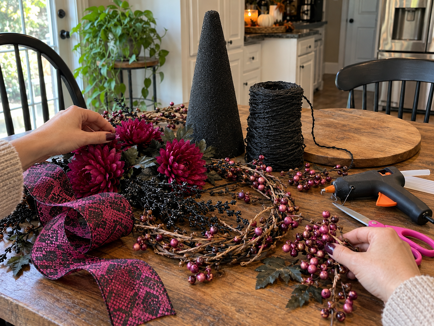 Rustic Halloween Witch Hat Centerpiece with Faux Florals for Festive Table Decor, step 1: Wrap the Witch Hat Base