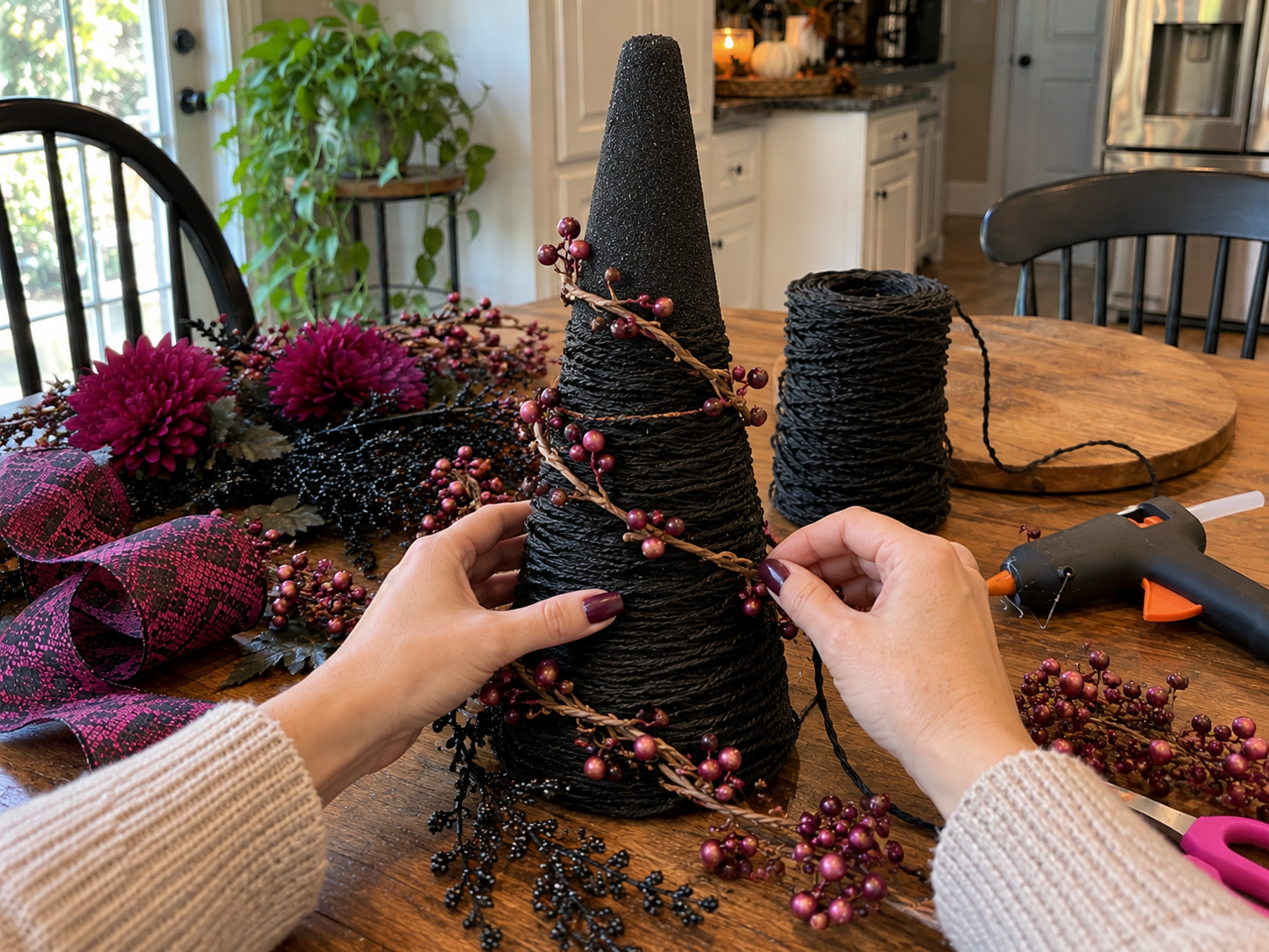 Rustic Halloween Witch Hat Centerpiece with Faux Florals for Festive Table Decor, step 3: Add Decorative Vines