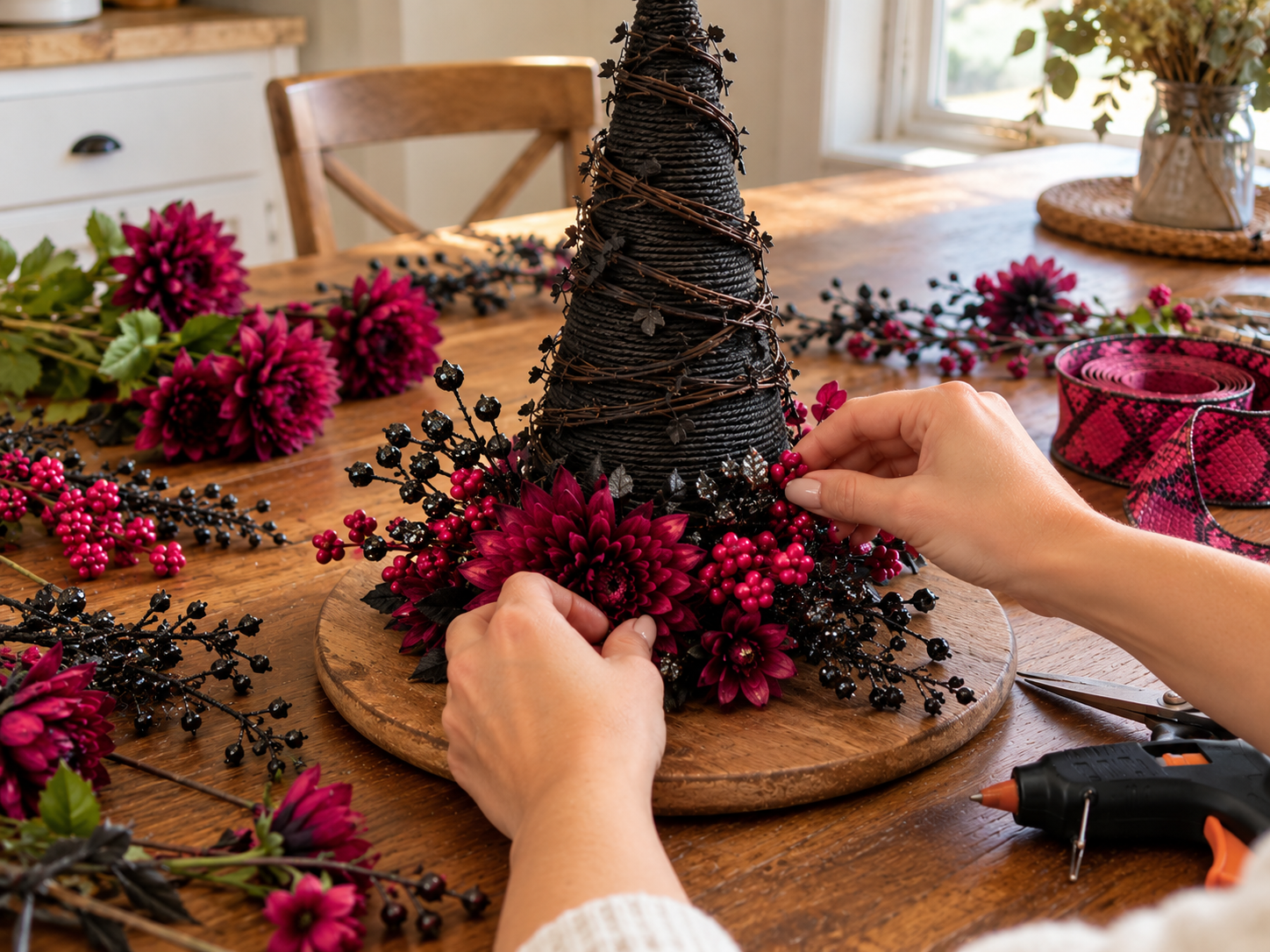 Rustic Halloween Witch Hat Centerpiece with Faux Florals for Festive Table Decor, step 4: Arrange Floral Embellishments