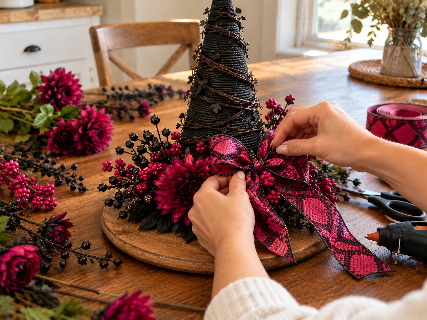 Rustic Halloween Witch Hat Centerpiece with Faux Florals for Festive Table Decor, step 5: Add the Finishing Ribbon Bow