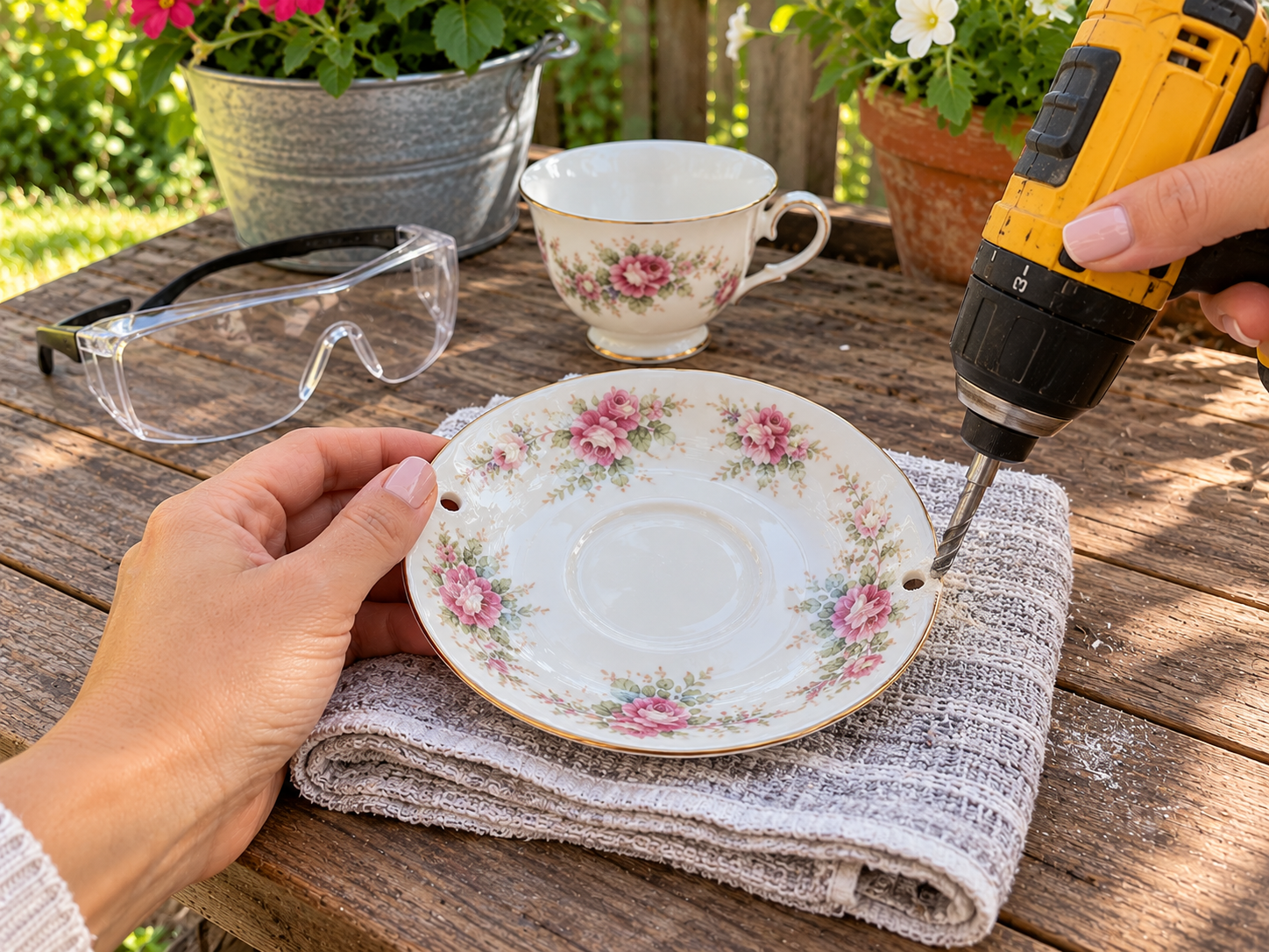 DIY Repurposed Teacup and Saucer Bird Feeder for Garden Decor, step 2: Drill Saucer Hanging Holes